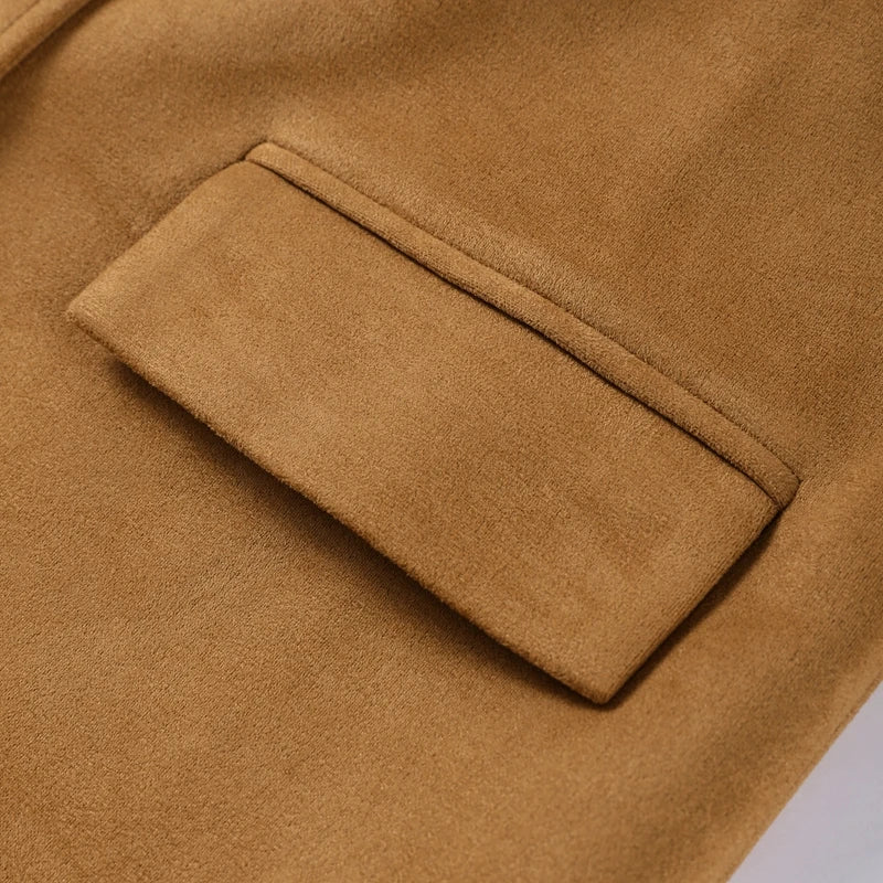 Vintage Suede Single Breasted Female Jackets Chic Long Sleeve Lapel Coats for Women 2025 Spring New Lady Outerwear High Street