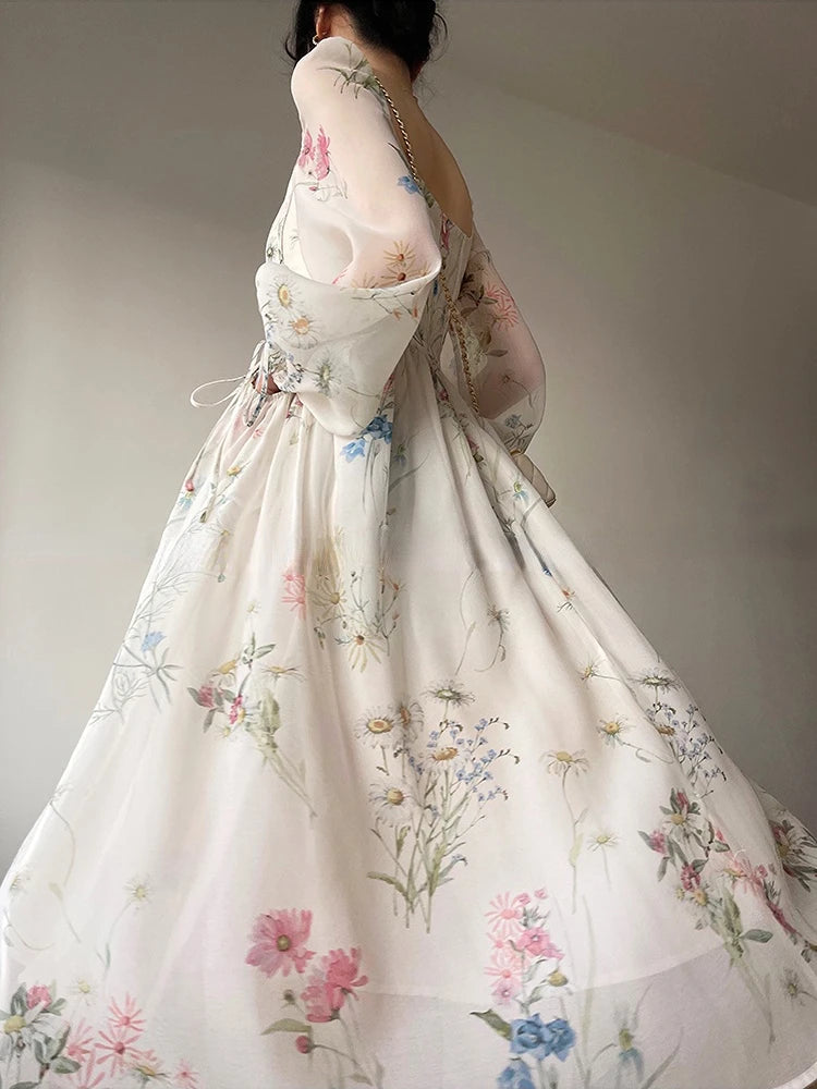 Vintage Floral Midi Dress Women Elegant Party Square Collar Dresses Summer Beach Fairy Korean Long Sleeve Bodycon Vestidos New