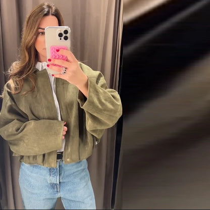 Autumn Women's Green Suede Short Jacket Loose Lapel Zipper Long Sleeve Bomber Coat Female 2025 New Lady High Street Outwears