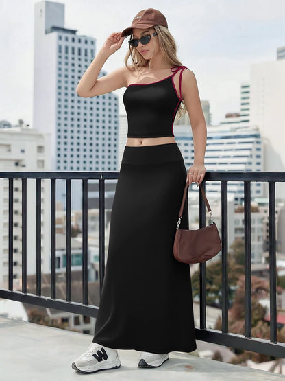 Summer Sexy One Shoulder Crop Top Maxi Skirt Set Women High Waist Slim Fit 2 Piece Outfit For Date Night