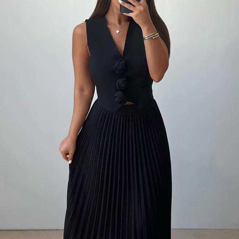 Elegant Temperament Slim Party Suit Office Simple Solid Color Pleated Outfits Ladies Sexy V Neck Rose Top and Long Skirt 2pc Set