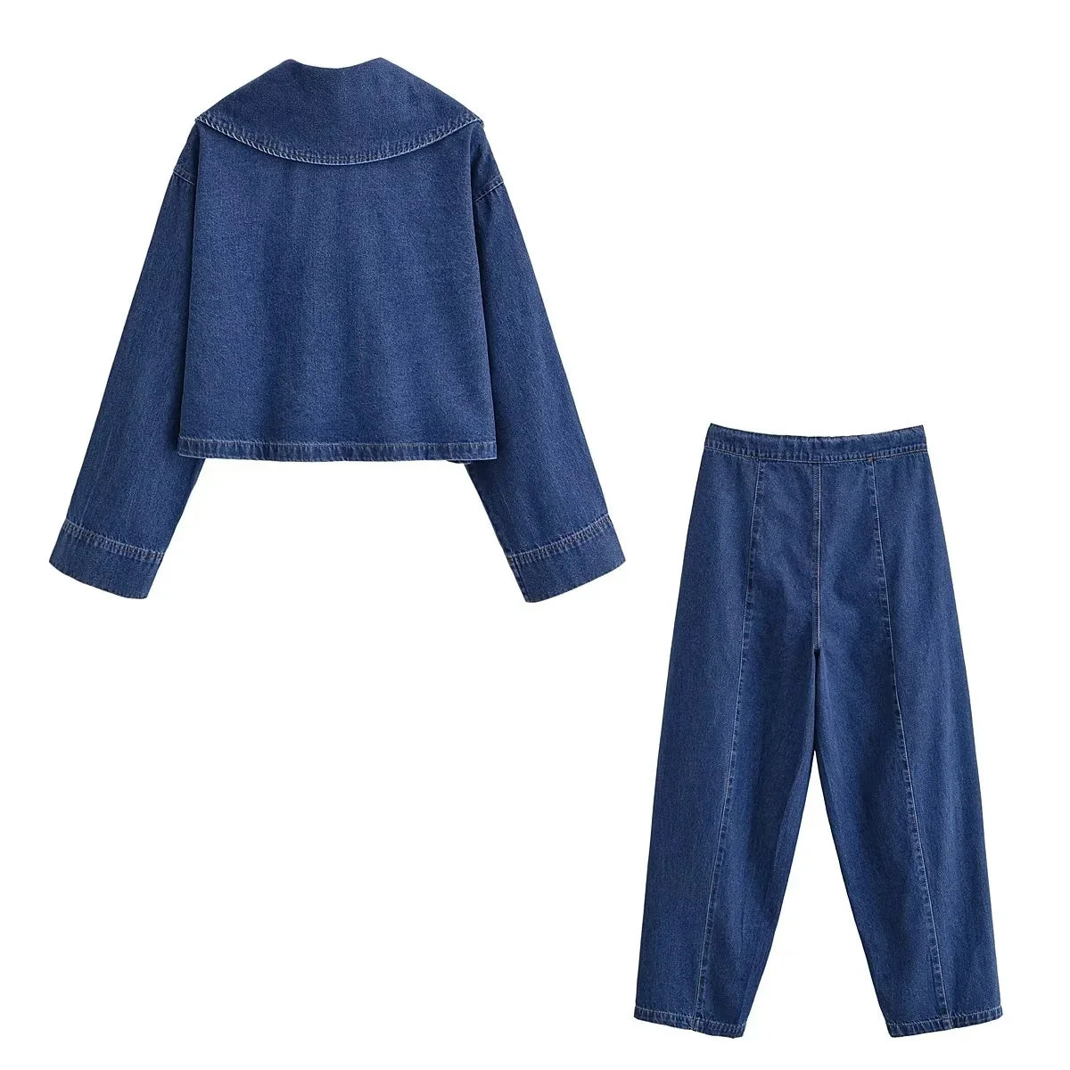 KONDALA Vintage Casual Chic Women Cowboy Suit Zipper Loose Jackets Long Pockets Pants Fashion 2025 Spring Summer Denim Suits