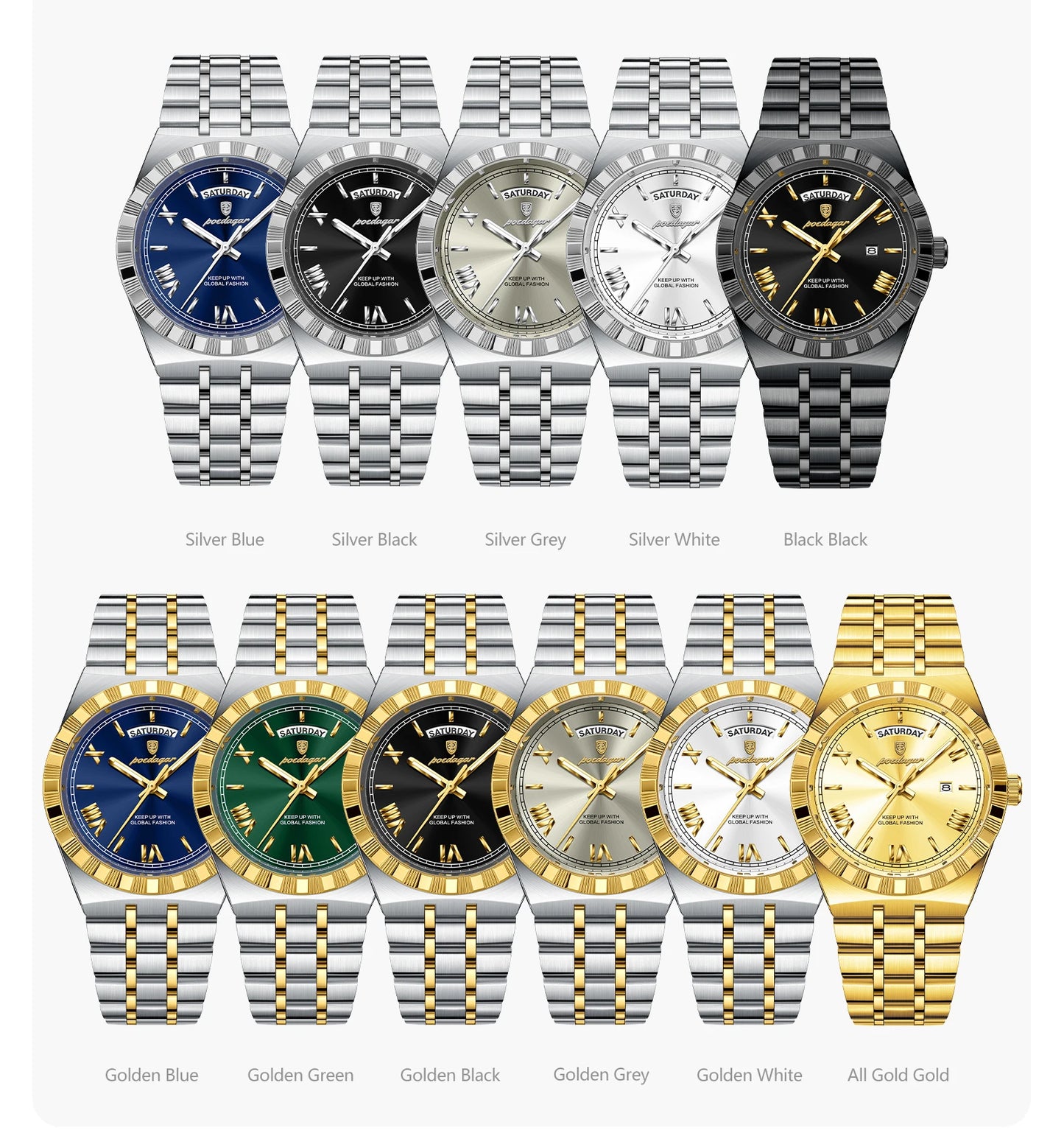 POEDAGAR Fashion Business Men's Watch Luminous Waterproof Week Date Luxury Man Wristwatch Stainless Steel Quartz Watches For Men