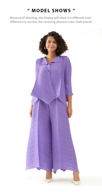 Miyake Pleated Two Piece Sets Spring New Korean Style Single Button Shirt Jacket Harem Pants Loose Designer Aesthetic Clothes