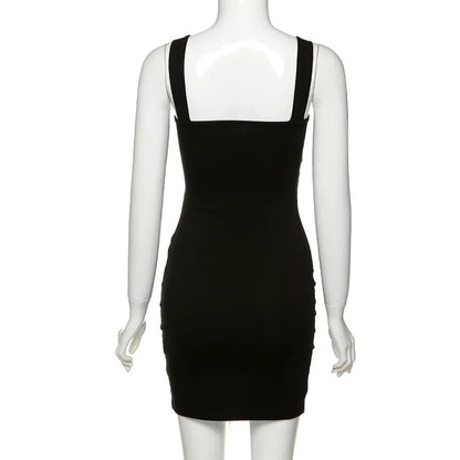 Summer Sexy Mini Dress Women Sleeveless Strap Streetwear Backless Folds Bodycon Black Dress Party Elegant A-LINE Dresses