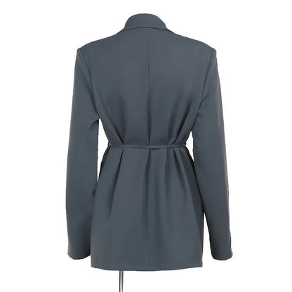 FSMG Fashion 3D Flower Belt Loose With Pockets Long Sleeve Coat Elegant Notch Collar Single Button Blazers Casual Office Jacket