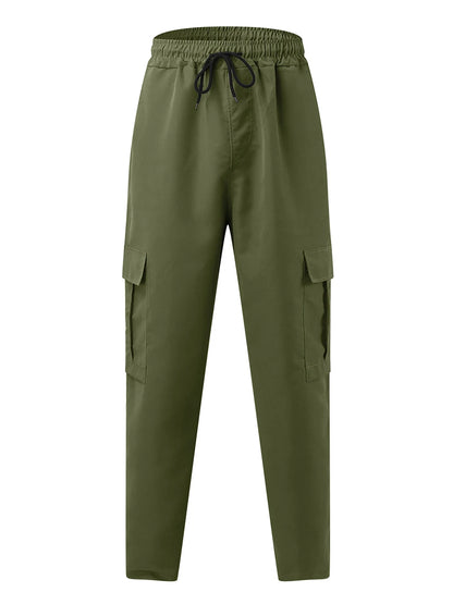 Men s Loose Cargo Long Pants Solid Color Drawstring Waist Straight Leg Trousers Casual Work Pants with Pockets