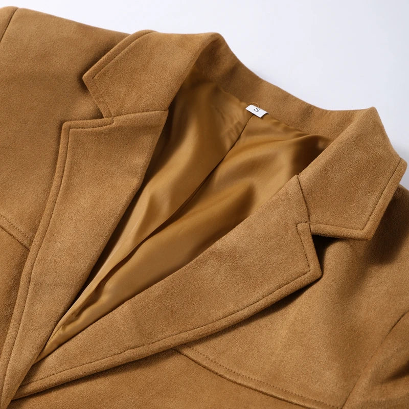 Vintage Suede Single Breasted Female Jackets Chic Long Sleeve Lapel Coats for Women 2025 Spring New Lady Outerwear High Street