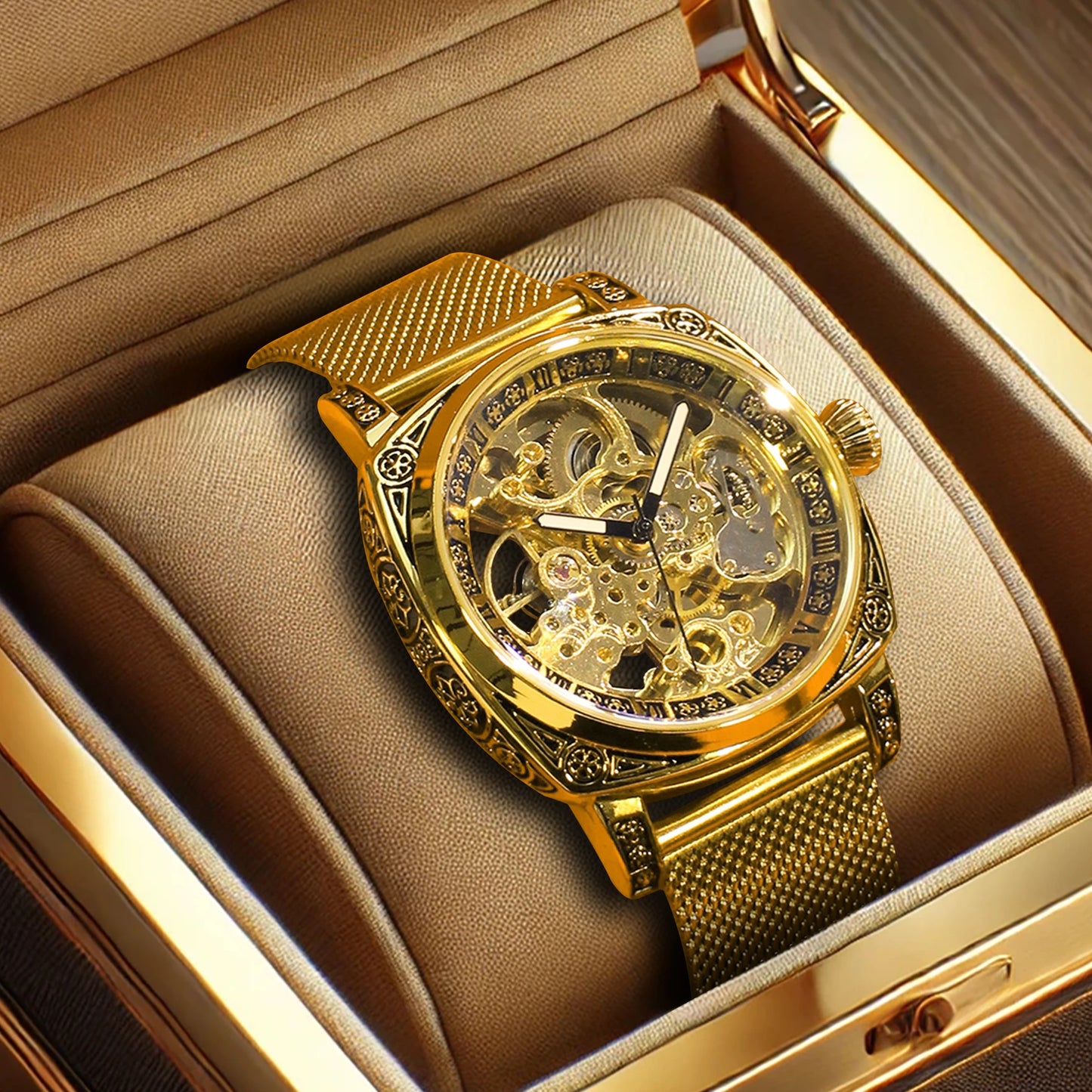 New men's watch with hollowed out carving design, high-end fashion disc gold mesh belt, men's fully automatic mechanical watch