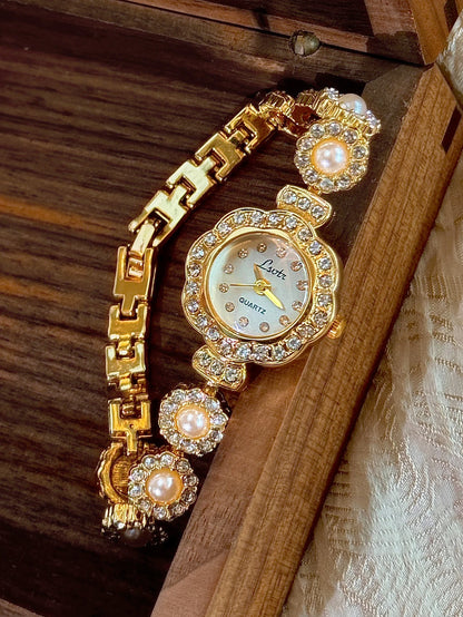 1 new gold classic fashion ladies quartz watch inlaid with diamond and pearl flower case with white dial ladies watch waterproof and simple niche design suitable for daily wear decoration and gifts