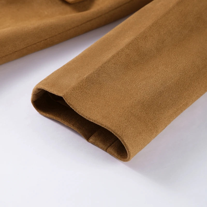 Vintage Suede Single Breasted Female Jackets Chic Long Sleeve Lapel Coats for Women 2025 Spring New Lady Outerwear High Street