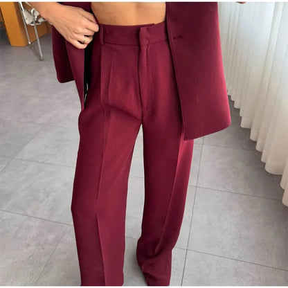 Casual Women's Trouser Suit Single Button Blazer High Waist Wide Leg Pants Lady Suits 2025 Spring Summer 2 Pieces Set Women