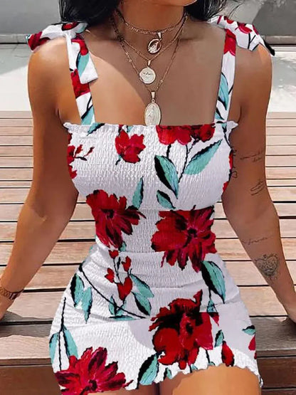 Summer Sexy Bodycon Package Hips Wrap Dress Women Casual Sleeveless Lace-up Fashion Floral Mini Dress Woman Skinny Sundress