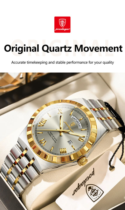 POEDAGAR Fashion Business Men's Watch Luminous Waterproof Week Date Luxury Man Wristwatch Stainless Steel Quartz Watches For Men
