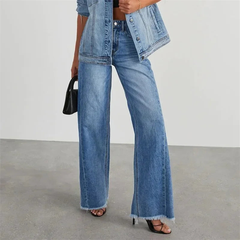 Fashion Straight Tassel Jeans Women Mid Waist Button Pocket Denim Pants Female Commuter Casual Loose Wide Leg Trousers 2023 New