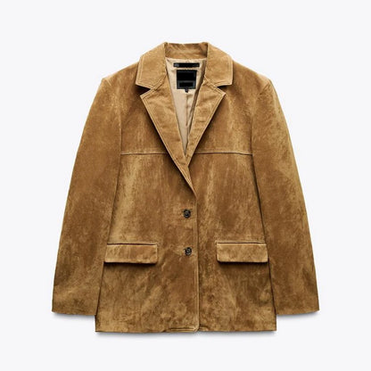 Vintage Suede Single Breasted Female Jackets Chic Long Sleeve Lapel Coats for Women 2025 Spring New Lady Outerwear High Street