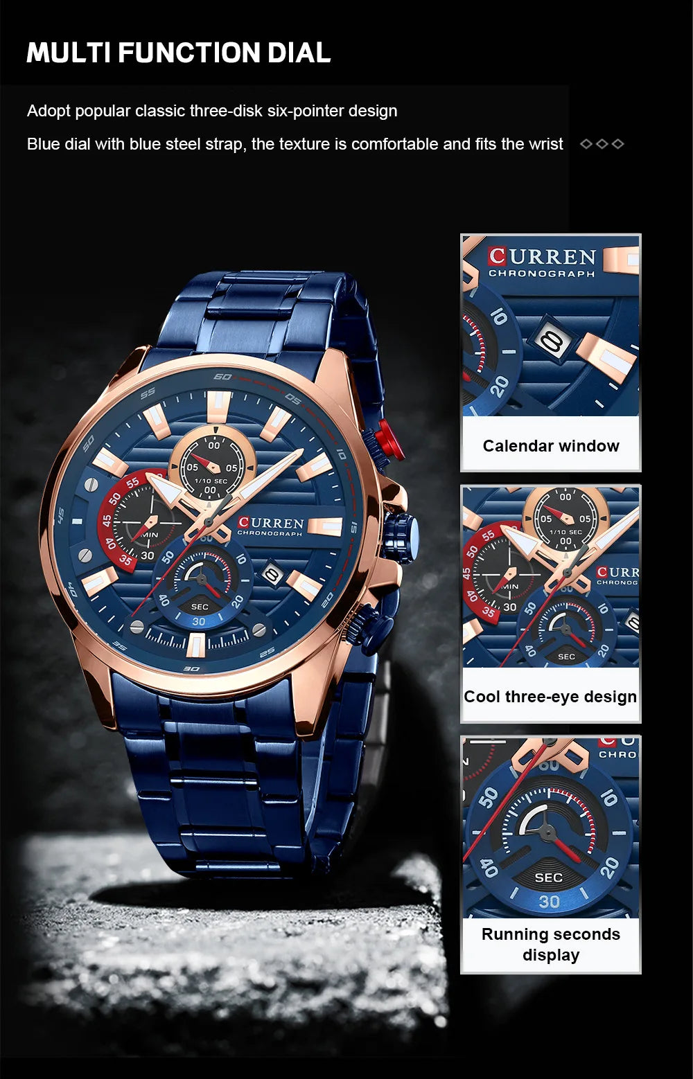 Gurren 8415 Men's Minimalist Six-hand Quartz Watch, Water-resistant Calendar Business Wristwatch