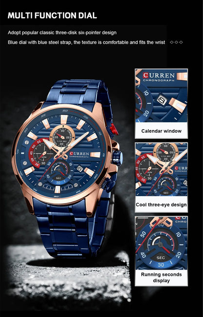 Gurren 8415 Men's Minimalist Six-hand Quartz Watch, Water-resistant Calendar Business Wristwatch