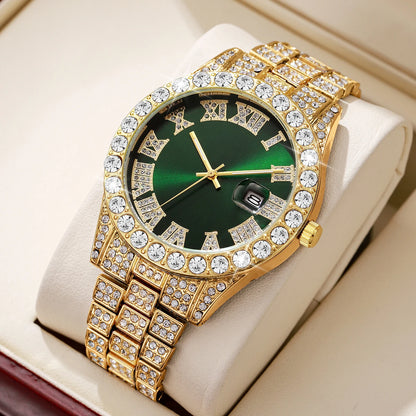 Luxury Full Diamond Men Calendar Quartz Watch Fashion Stainless Steel Band Male Quartz Wristwatches Date Clock Reloj Hombre
