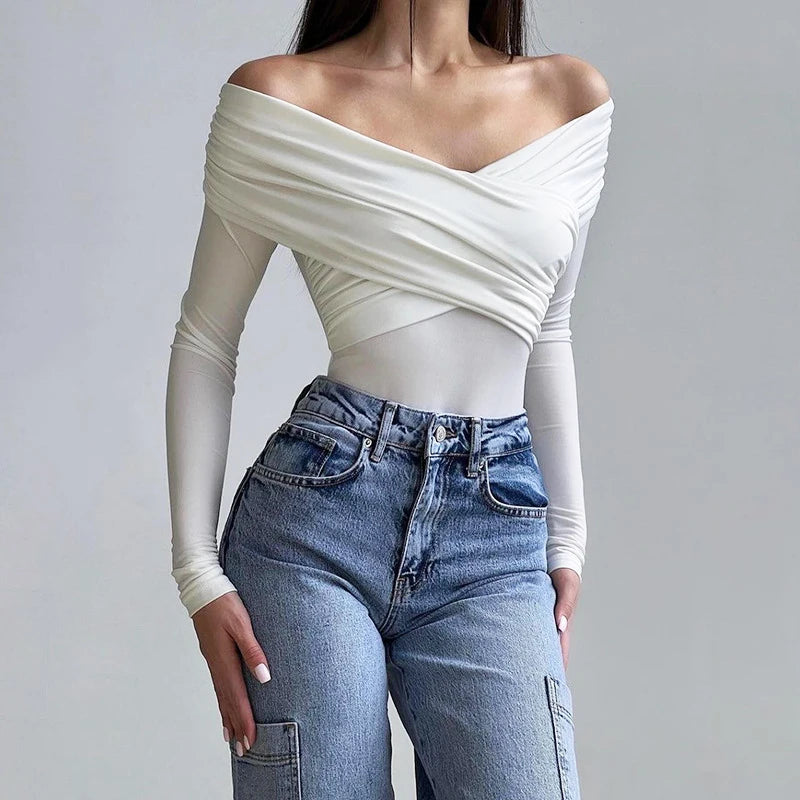 Autumn new 2024 sexy and fashionable V-neck off shoulder patchwork long sleeved slim fit versatile casual jumpsuit for woman