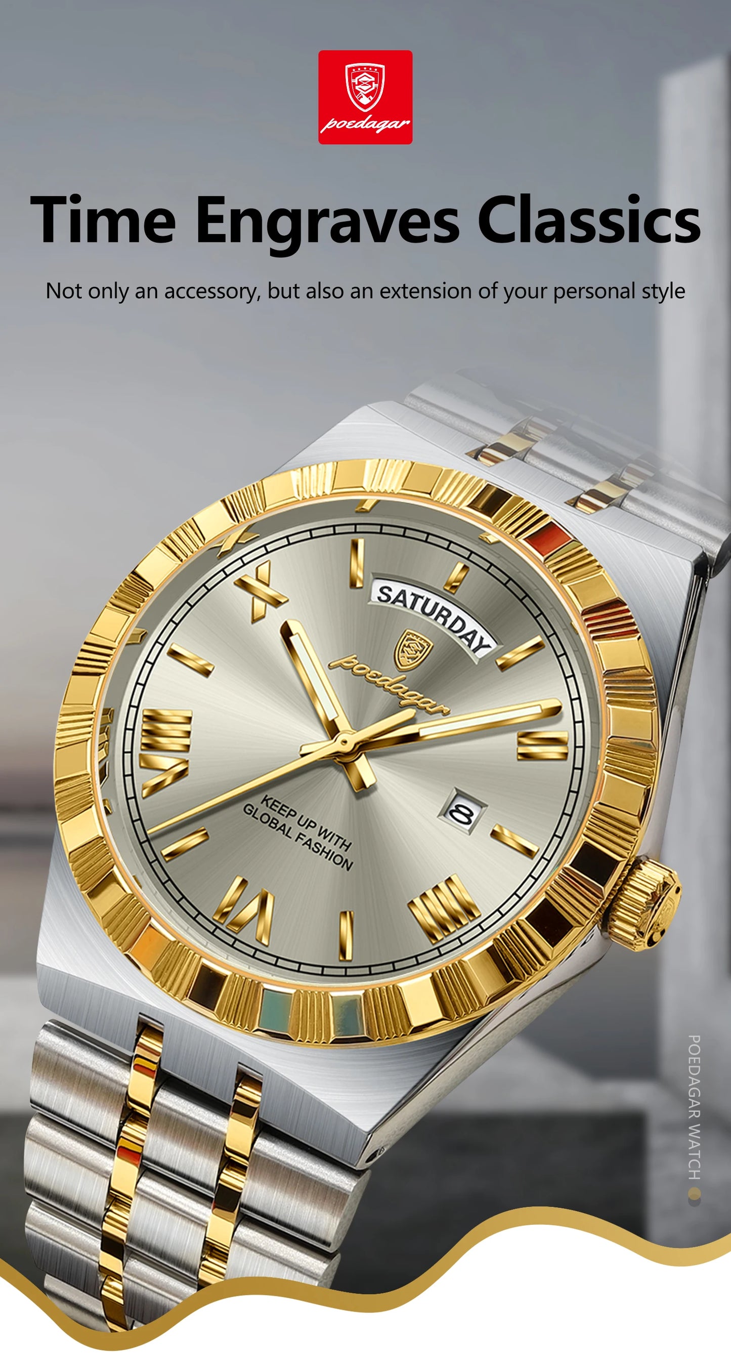 POEDAGAR Fashion Business Men's Watch Luminous Waterproof Week Date Luxury Man Wristwatch Stainless Steel Quartz Watches For Men