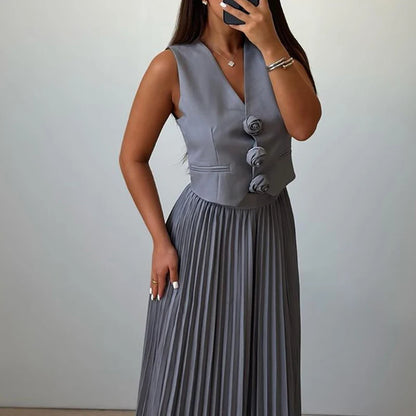 Elegant Temperament Slim Party Suit Office Simple Solid Color Pleated Outfits Ladies Sexy V Neck Rose Top and Long Skirt 2pc Set