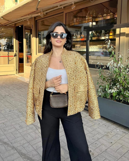 Suninheart Winter Women's Sequins Bomber Jacket Paillette Shiny Gold Jacket Coat Glitter Outerwear Lady New in Coats & Jackets