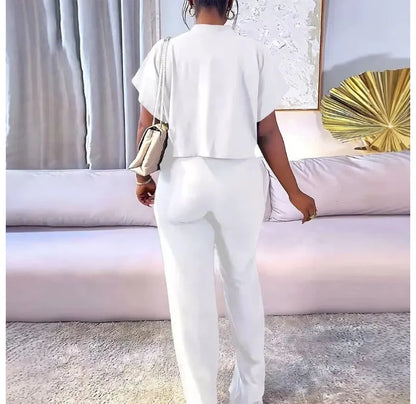 Sexy Elegant Two Piece Sets Womens Outfit Short Sleeved Top and Long Pant Fashion 2024 Summer New Casual Solid Color Suit Female