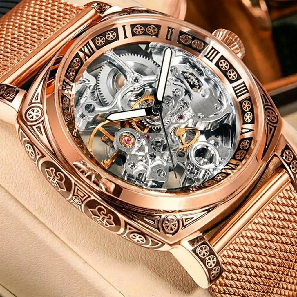 New men's watch with hollowed out carving design, high-end fashion disc gold mesh belt, men's fully automatic mechanical watch