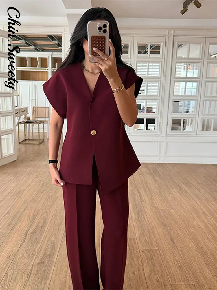 Casual Women's Trouser Suit Single Button Blazer High Waist Wide Leg Pants Lady Suits 2025 Spring Summer 2 Pieces Set Women