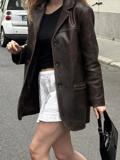 Brown Vintage Leather Jacket Lapel Breasted Pocket Women Commute Temperament Casual Suit PU Leather Coat Spring Autumn Blouse