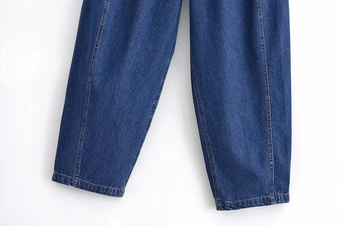 KONDALA Vintage Casual Chic Women Cowboy Suit Zipper Loose Jackets Long Pockets Pants Fashion 2025 Spring Summer Denim Suits