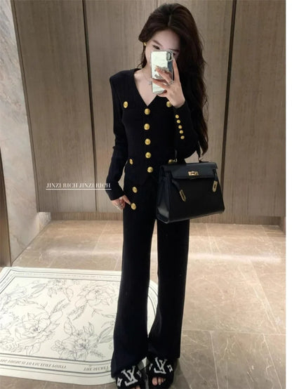 Autumn Winter Luxury Women Suits Fashion V Neck Golden Buttons Elegant Cardigan Coats + Knitted Wide Leg Pants 2-piece Set Q891