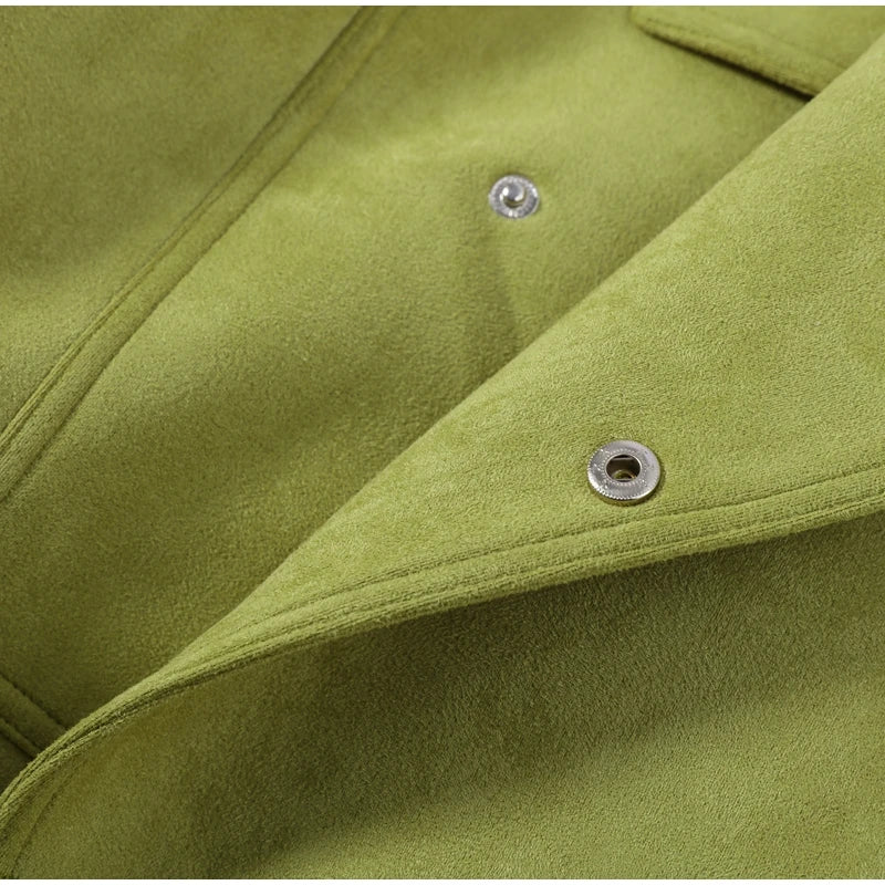Autumn Women's Green Suede Short Jacket Loose Lapel Zipper Long Sleeve Bomber Coat Female 2025 New Lady High Street Outwears