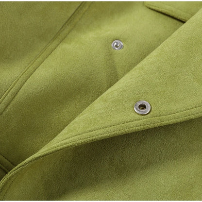 Autumn Women's Green Suede Short Jacket Loose Lapel Zipper Long Sleeve Bomber Coat Female 2025 New Lady High Street Outwears
