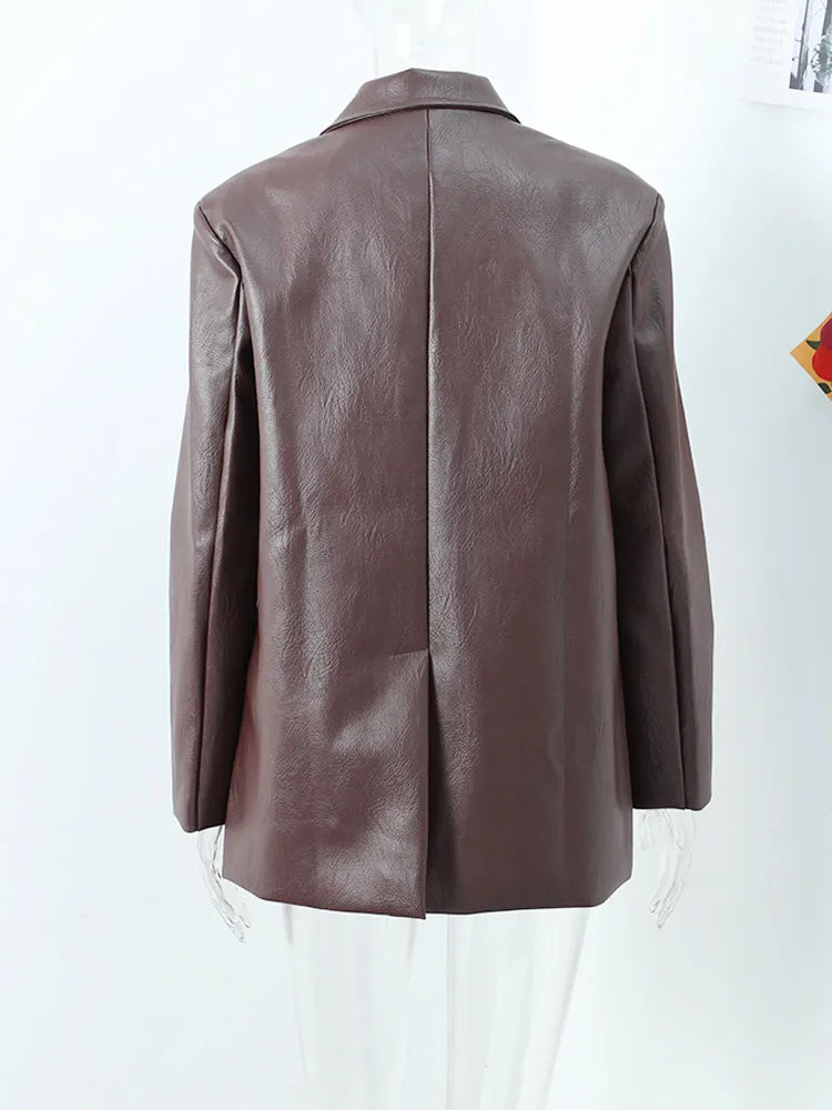 Brown Vintage Leather Jacket Lapel Breasted Pocket Women Commute Temperament Casual Suit PU Leather Coat Spring Autumn Blouse