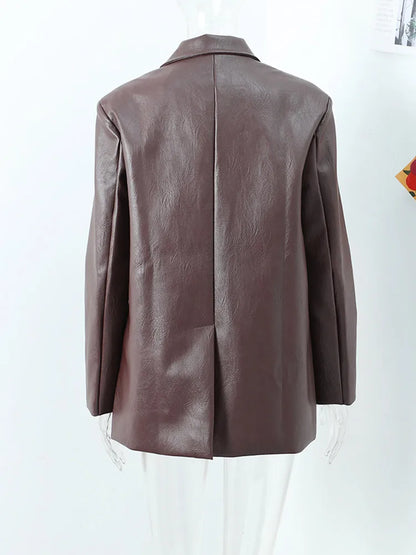 Brown Vintage Leather Jacket Lapel Breasted Pocket Women Commute Temperament Casual Suit PU Leather Coat Spring Autumn Blouse