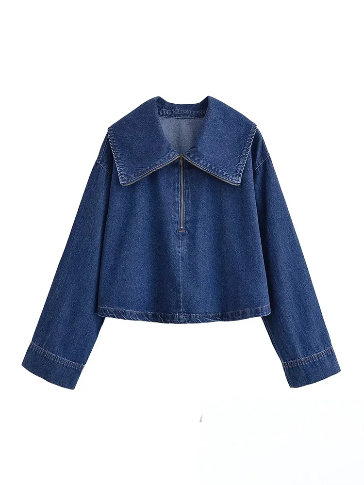 KONDALA Vintage Casual Chic Women Cowboy Suit Zipper Loose Jackets Long Pockets Pants Fashion 2025 Spring Summer Denim Suits