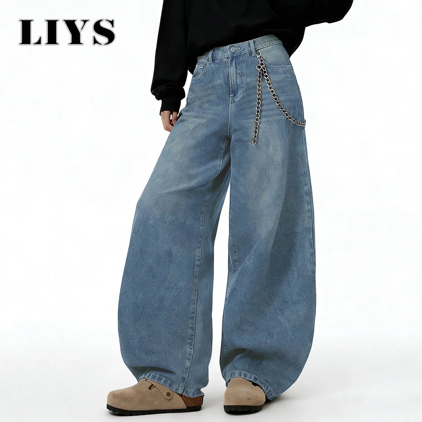 American Retro Baggy Wide Leg Jeans Men's Korea Streetwear Distressed y2k Clothing Casual Daily Four Seasons Denim Pants Unisex