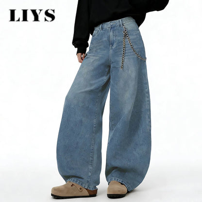 American Retro Baggy Wide Leg Jeans Men's Korea Streetwear Distressed y2k Clothing Casual Daily Four Seasons Denim Pants Unisex
