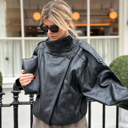HXAO New Arrival Women's Bomber Jacket Leather Black Jackets Cropped Oversize Outerwears Zip-Up Long Sleeve Coats Outdoor Jacket
