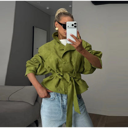 Autumn Women's Green Suede Short Jacket Loose Lapel Zipper Long Sleeve Bomber Coat Female 2025 New Lady High Street Outwears