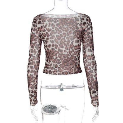 Dulzura Autumn Fashion Sexy Off Shoulder Long Sleeve Slim Leopard Print T-Shirt Women'S Casual Versatile Street Style Outfit Y2K