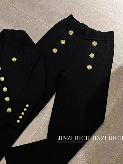 Autumn Winter Luxury Women Suits Fashion V Neck Golden Buttons Elegant Cardigan Coats + Knitted Wide Leg Pants 2-piece Set Q891