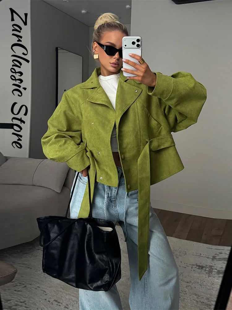 Autumn Women's Green Suede Short Jacket Loose Lapel Zipper Long Sleeve Bomber Coat Female 2025 New Lady High Street Outwears