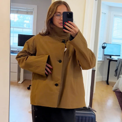 HXAO Women's Jacket Autumn Crop Reversible Trench Coat New In Coat & Jacket Asymmetric Button High Neck Long Sleeve Windbreaker