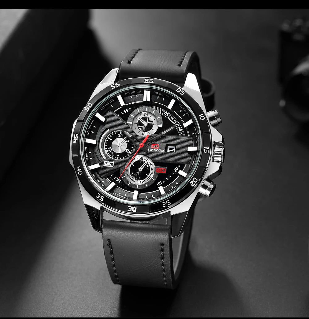 Top Men Watch Sports Style 46mm Large Leather Racing Style Casual Fashion Original Black Rose Gold Calendar Quartz Watch Relogio
