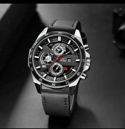 Top Men Watch Sports Style 46mm Large Leather Racing Style Casual Fashion Original Black Rose Gold Calendar Quartz Watch Relogio