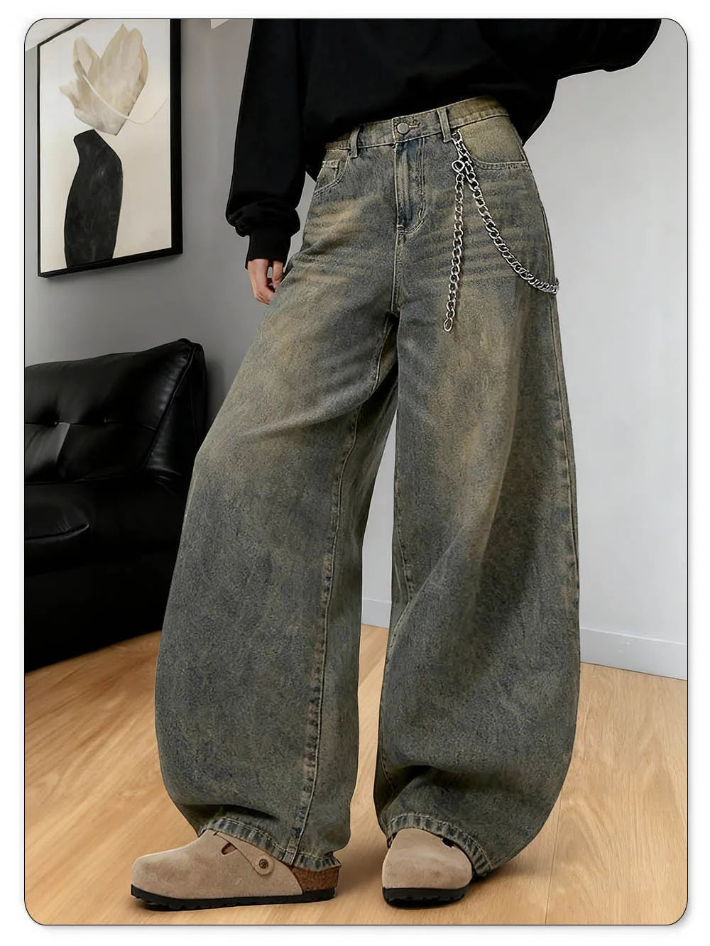 American Retro Baggy Wide Leg Jeans Men's Korea Streetwear Distressed y2k Clothing Casual Daily Four Seasons Denim Pants Unisex