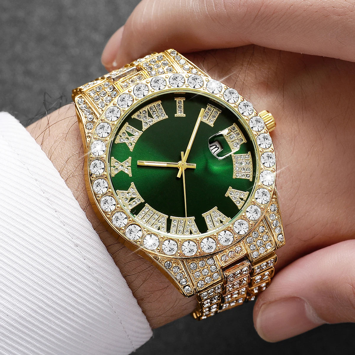 Luxury Full Diamond Men Calendar Quartz Watch Fashion Stainless Steel Band Male Quartz Wristwatches Date Clock Reloj Hombre